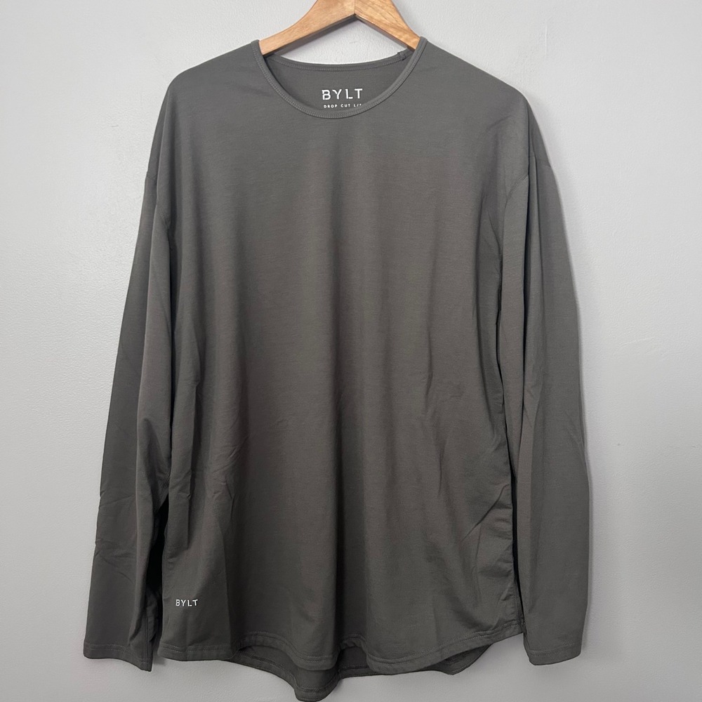 BYLT Drop Cut Shirt Mens XXL Gray Long Sleeve Crew Neck Curved Hem Stretch